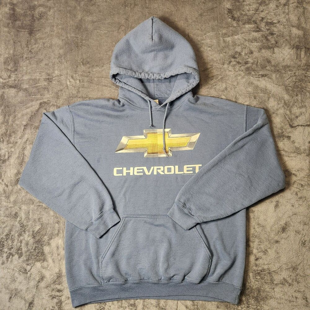 Chevrolet Hoodie Mens Large Slate Blue Grey Gold Bowtie Logo Pullover